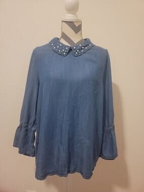Lipslide Chambray Sz S Peter Pan Pearl collar long sleeve top blouse Denim